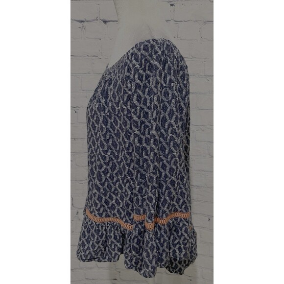 Democracy Blue & White Print Peasant Top with Orange Trim, Size Large - Picture 2 of 6